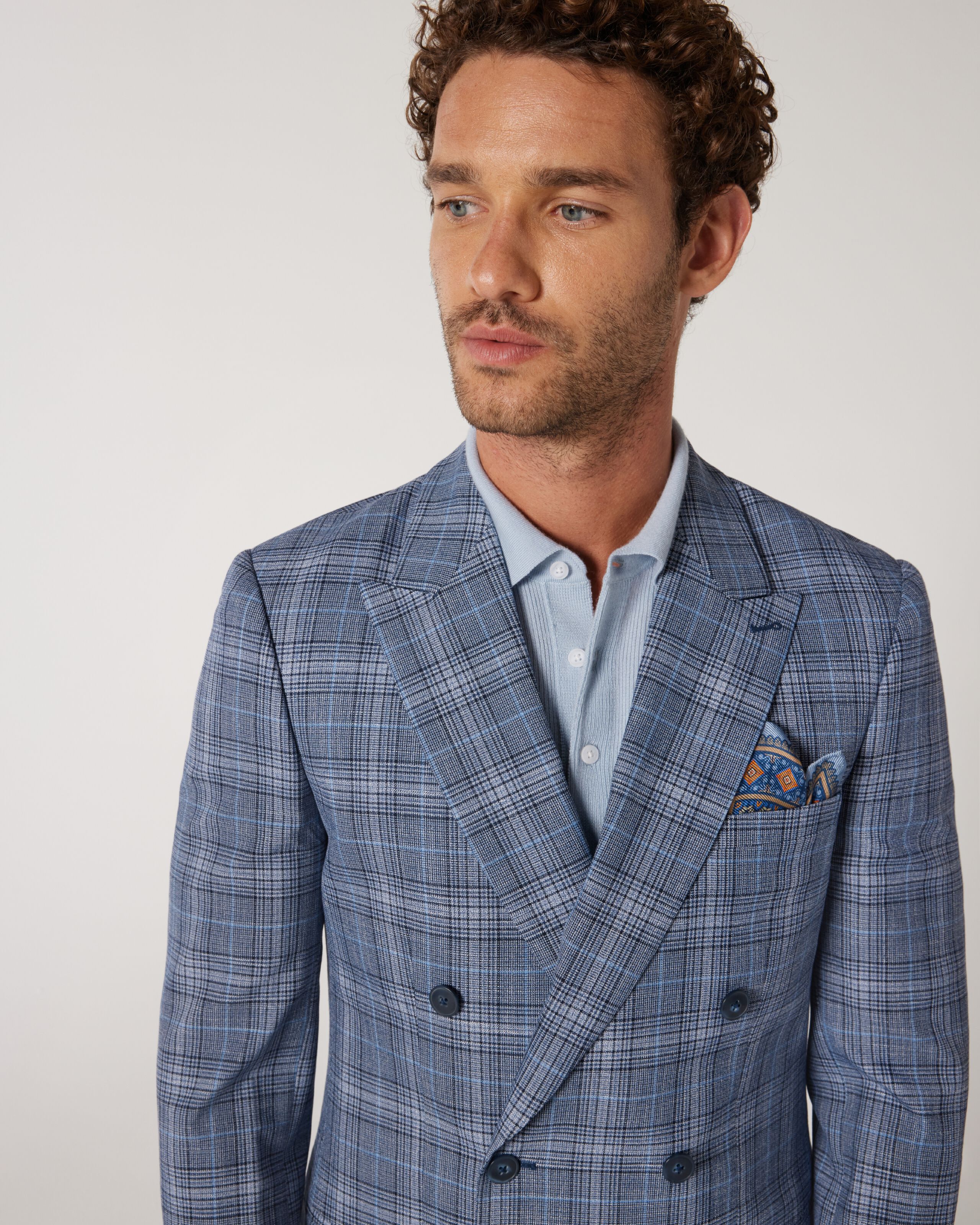 Slim Stretch Double Breasted Tailored Jacket - Blue Check | Politix